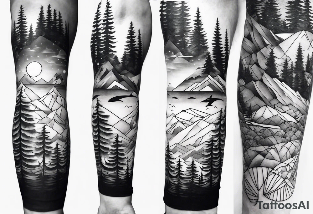 Forest ocean geometric male full leg sleeve tattoo idea