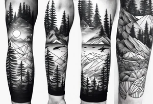 Forest ocean geometric male full leg sleeve tattoo idea