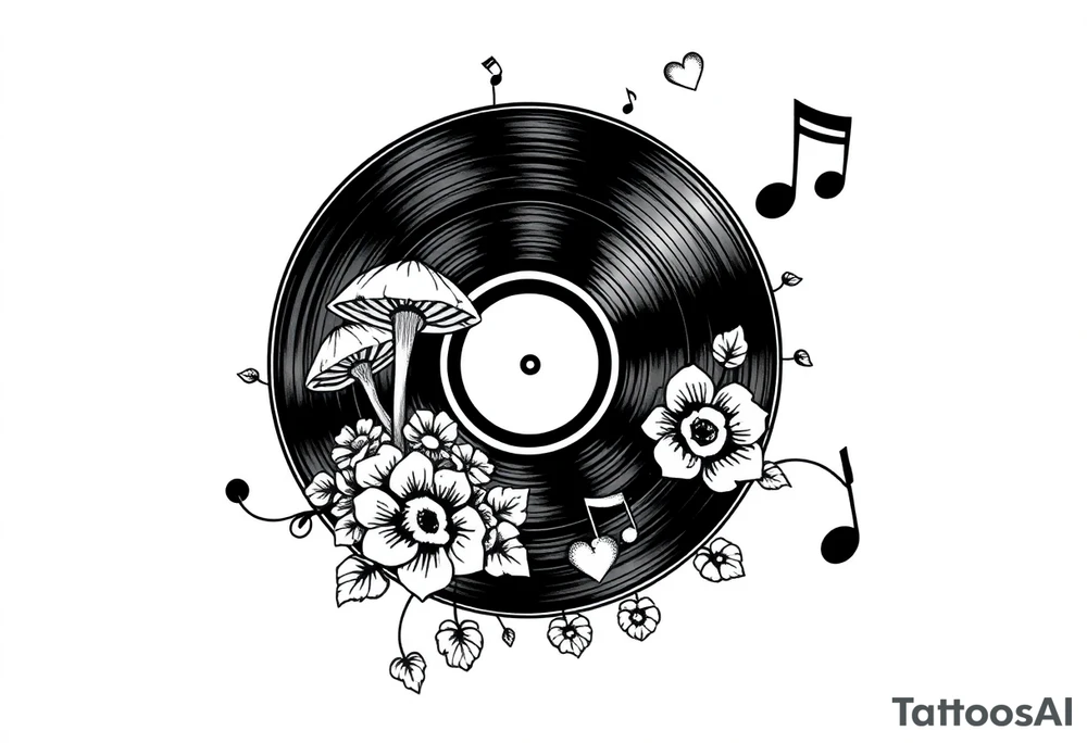 vinyl record with mushrooms, flowers, hearts, and music notes tattoo idea