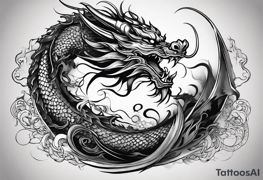 An epic floating asian dragon. Its long body coiling dynamically, with scales and horns detailed to create a sense of movement and strength. The dragon's giving a vibrant depth and a mystical aura. This tattoo highlights the dragon’s fierce expression and sharp claws. tattoo idea