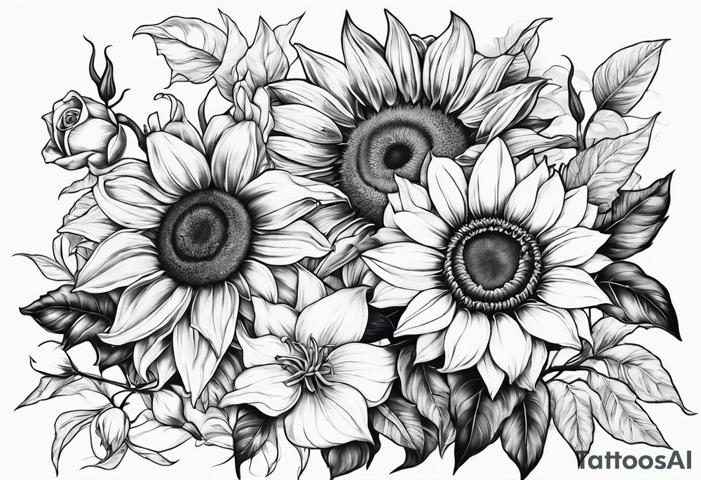Sunflower, Rose and Lily tattoo idea