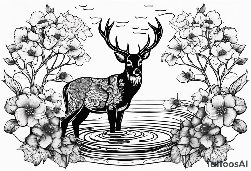 Deer with pond and fish background dogwood flowers tattoo idea