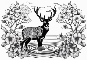 Deer with pond and fish background dogwood flowers tattoo idea