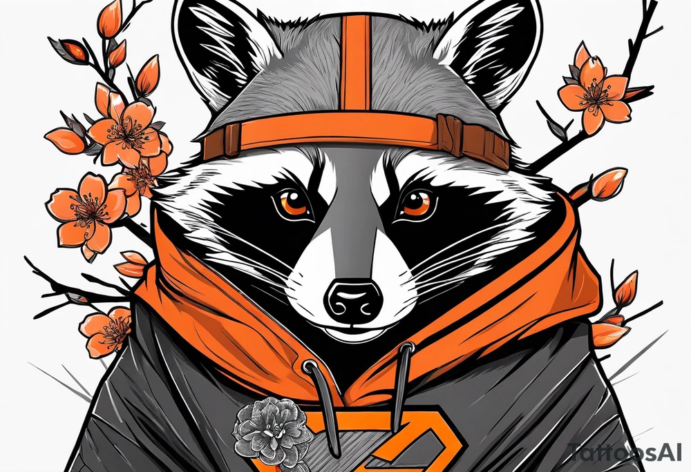 Raccoon wearing a white Superman logo on a black hoodie and orange Japanese cherry blossoms beside tattoo idea