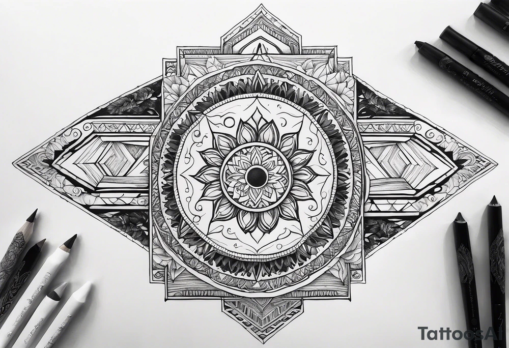 Rectangular arm tattoo around whole upper arm. Mandala inspired Design. Mountains, sea, Sky and moon are depicted. But everything seems to be upside down tattoo idea