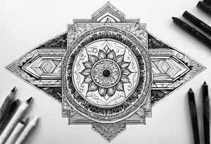 Rectangular arm tattoo around whole upper arm. Mandala inspired Design. Mountains, sea, Sky and moon are depicted. But everything seems to be upside down tattoo idea
