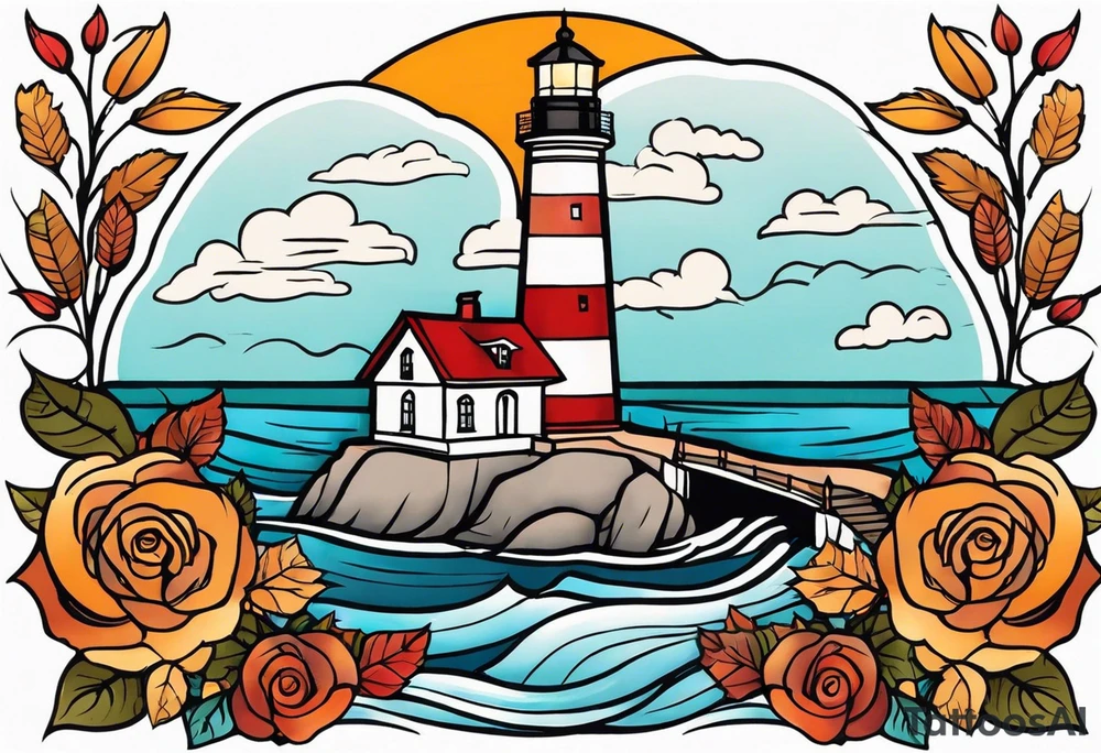 thigh tattoo in fall colors, showing lighthouse, water flow around rocks, sky, clouds, leaves, roses and no trees tattoo idea