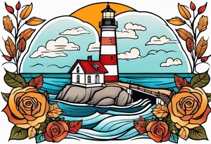 thigh tattoo in fall colors, showing lighthouse, water flow around rocks, sky, clouds, leaves, roses and no trees tattoo idea