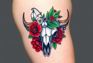Buffalo or bison skull with flowers. Snow drop and red peony. Green holly with red berries, purple larkspur, red peony.  Colour. For upper arm or shoulder. Masculin. tattoo idea