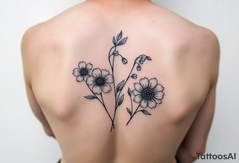 wrist tattoo with cosmos, lily of the valley, and chrysanthemum tattoo idea