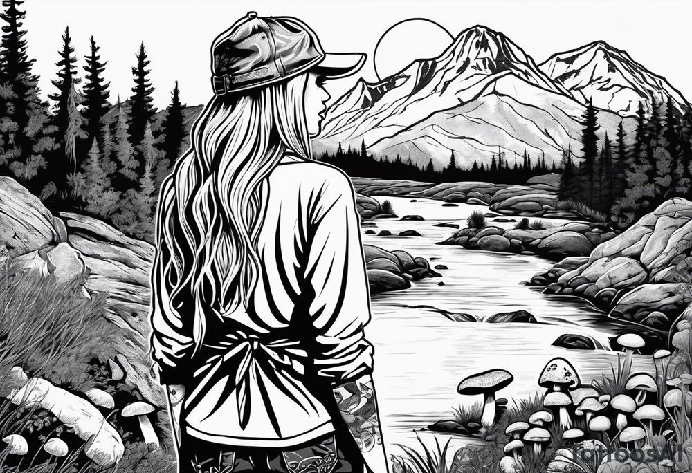 Whole picture encircled fully

Straight long blonde hair hippie girl in distance holding mushrooms in hand facing away toward mountains and creek surrounded by mushrooms long sleeve shirt and hiking pants; whole rendering within a full circle, no cut off circle tattoo idea