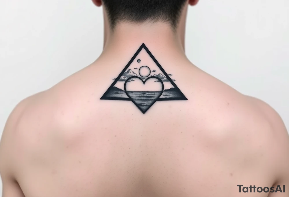 A triangle with a heart in the center and a ocean scene in background tattoo idea