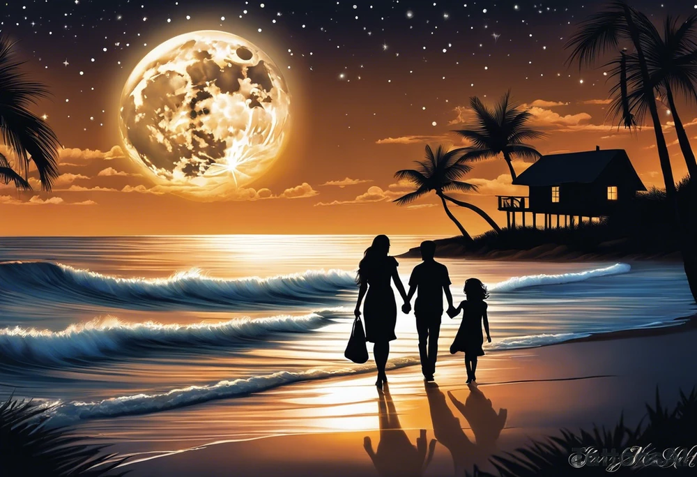 Create a stunning image of a realistic tattoo design that features a husband and wife holding hands, accompanied by their two children, walking along a beautiful beach. The moon shines radiantly in the night sky, illuminating the serene scene. Let your creativity flourish as you envision the intricate details that bring this tattoo to life, encapsulating the essence of love, family, and the awe-inspiring beauty of nature. tattoo idea