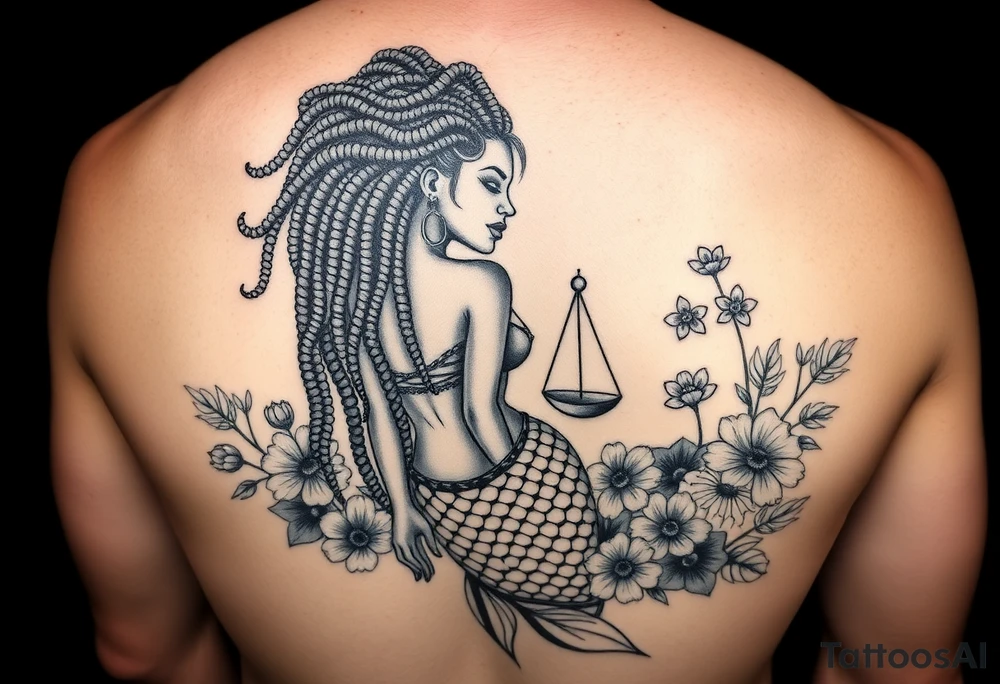 Mermaid, black woman, garden, and flowers, libra, hairstyle of loc include libra symbol tattoo idea
