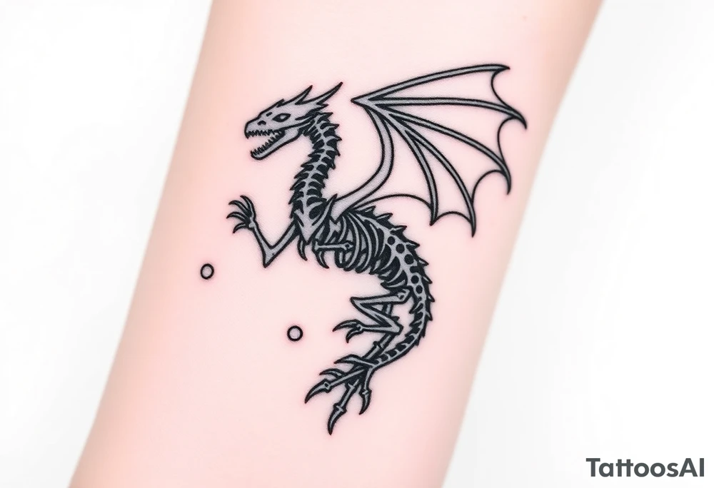 Tattoo for stardust dragon from yo gi oh 
A modern, minimalist approach using very thin black lines to outline the dragon's skeleton, surrounded by small geometric circles representing cosmic orbits or Synchro rings.
Key Feature: High precision and a clean, sophisticated look. tattoo idea
