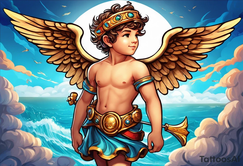Cupido  fly boy with wings, background sea, ancient rome gods tattoo idea