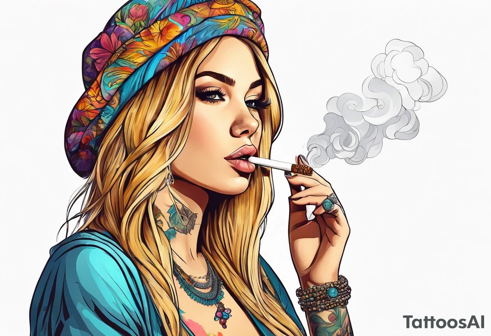 Hippie girl smoking a joint, blond hair, Bell-bottoms, and a big booty tattoo idea