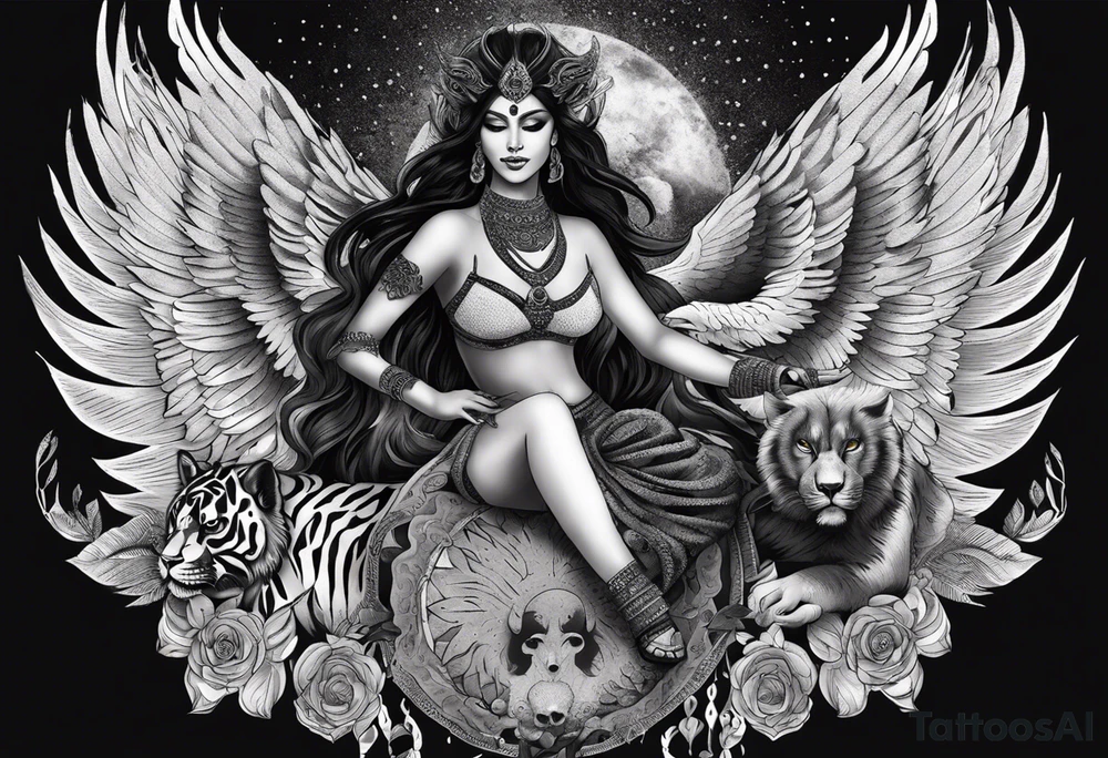 black kali, goddess pirate, alien, angel, pachamama, valkrye, warrior, flying, skull, lotus azul, wing, eagle, zenza resonance, stars, 5D, anahata chakra, death, durga, riding on a tiger, flying lady, kundalini, chest tatoo, samuri, rebel, serpent tattoo idea