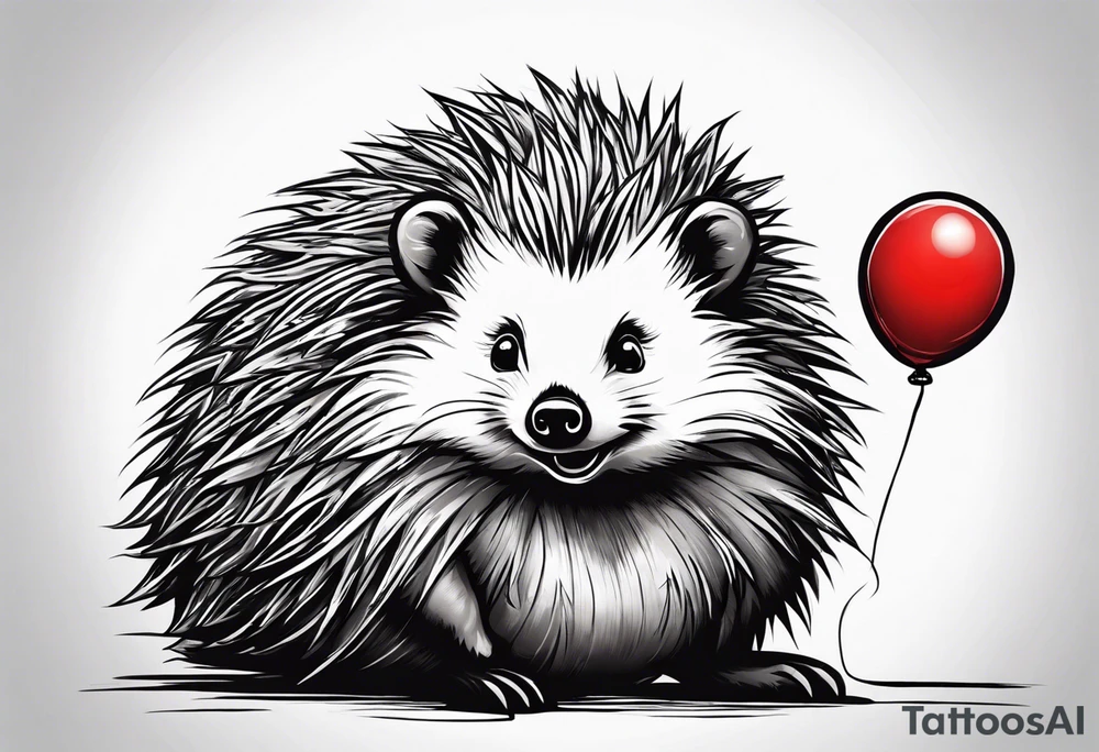 A hedgehog with a red balloon in his hands. He is happy. Behind him is a bear and growls tattoo idea