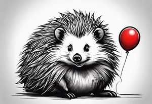 A hedgehog with a red balloon in his hands. He is happy. Behind him is a bear and growls tattoo idea