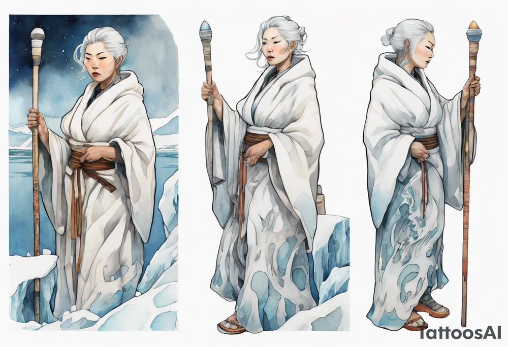 a 40 year old Inuit woman with white hair and a white robe holding a silver and white staff, standing on an iceberg tattoo idea