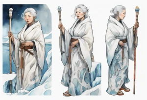 a 40 year old Inuit woman with white hair and a white robe holding a silver and white staff, standing on an iceberg tattoo idea
