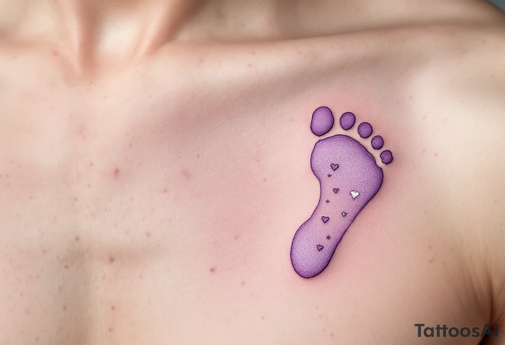 Light lavender and white footprints of Eva, adorned with tiny hearts and stars, representing her innocent heart and magical nature. tattoo idea
