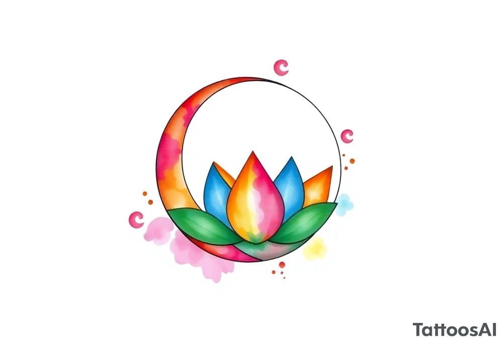 small colorful crescent moon with lotus flower tattoo idea