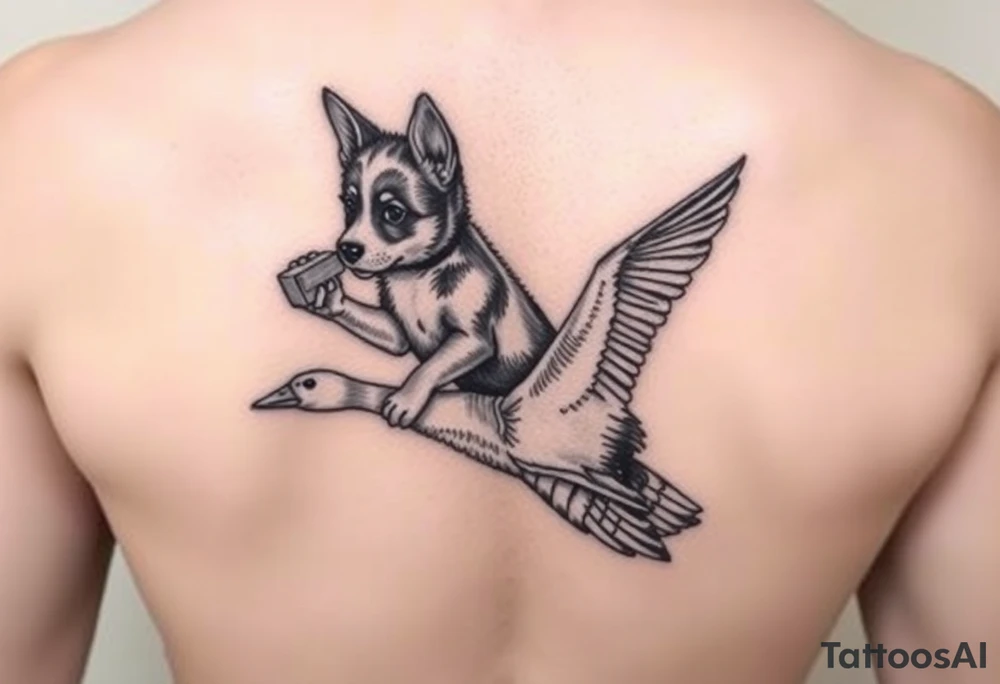 blue heeler puppy like muffin from Bluey holding a brick in one hand while sitting on a Canadian goose who is flying. tattoo idea