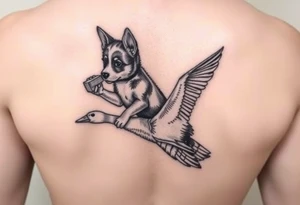 blue heeler puppy like muffin from Bluey holding a brick in one hand while sitting on a Canadian goose who is flying. tattoo idea