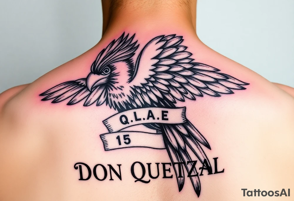 powerful majestic quetzal bird with long feathers and letters DON QUETZAL. full colors tattoo idea