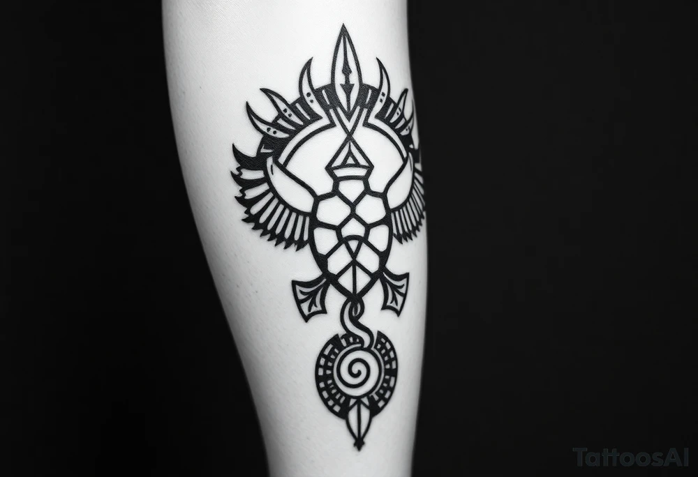 I would like a Samoan/Polynesian tattoo that covers the entire leg from the calf to the ankle, in a traditional style with thick lines and geometric patterns. the base must be similar to classic Samoan band tattoos, but personalized: with symbols of strength and combat (spearheads / niho hand), family symbols (enata figures), symbols of the sea and travel (waves, spirals), it is a protective element like the turtle (honu). the design must be harmonious and envelop the ... tattoo idea