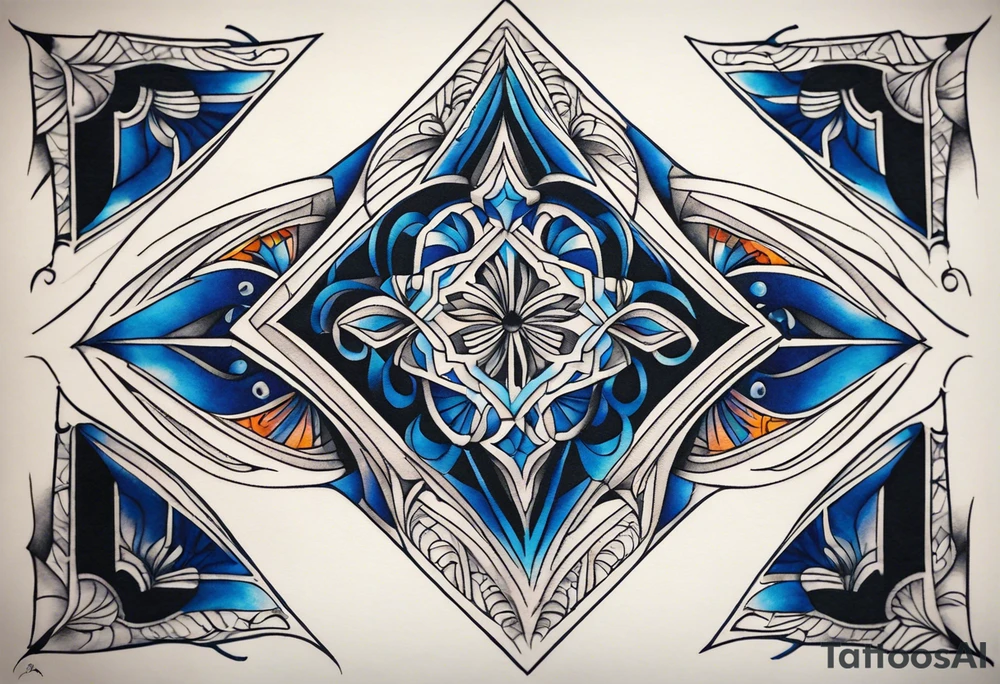 semi Detailed neo traditional knee tattoo flat on paper. The tattoo features geometric patterns and bold lines, creating a visually striking design with slight tints of deep fall colors. The a background featuring deep blues washes and water swirls tattoo idea