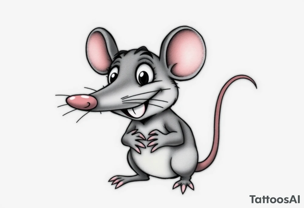 The image shows a cartoon rat with a long pointed nose, huge bulging eyes, and a cheeky, mischievous smile. The rat is grey with big pink ears and a thin pink tail visible on the right. Its little hands are held up close to its chest in a playful, sneaky pose. The expression makes the rat look funny, surprised, and a bit sly at the same time.

I want all his body..bigger nose, eyes poped out from the head + foots / i want the picture from the profile/side tattoo idea
