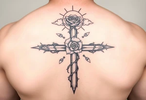A very detailed cross with thorns vines from a rose with a halo above it and clouds around it and possibly wings on the sides or no wings in the sides but is a very detailed tattoo tattoo idea