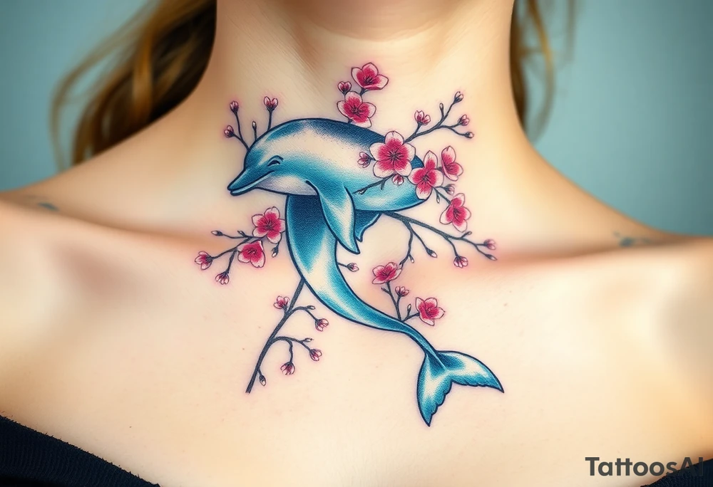 A dolphin intertwined with delicate cherry blossom branches, combining ocean and floral elements tattoo idea