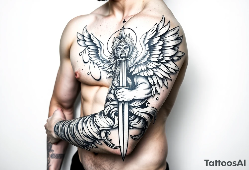 Powerful archangel with a sword, holy, archangel michael tattoo idea