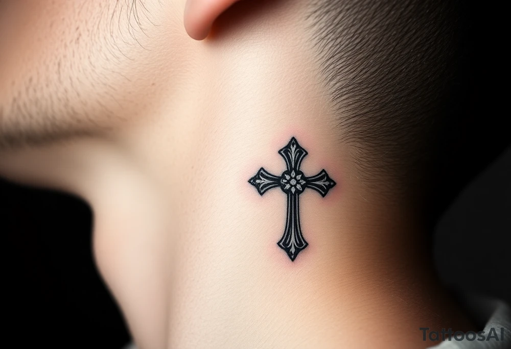 orthodox christian cross relatively small on side of left neck tattoo idea