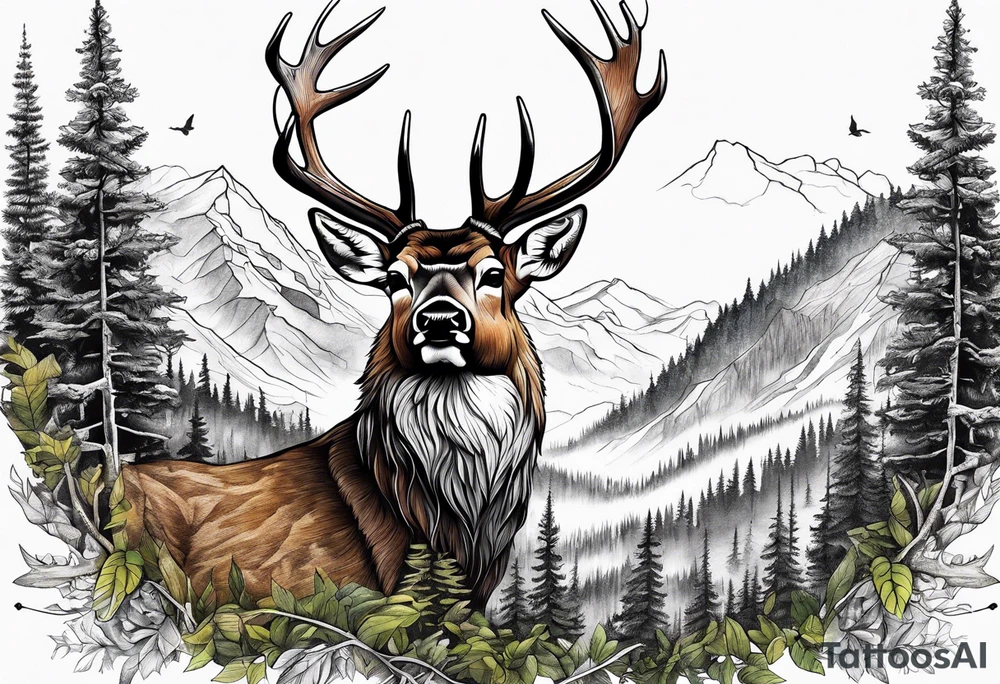 deer head mountain forest tattoo idea