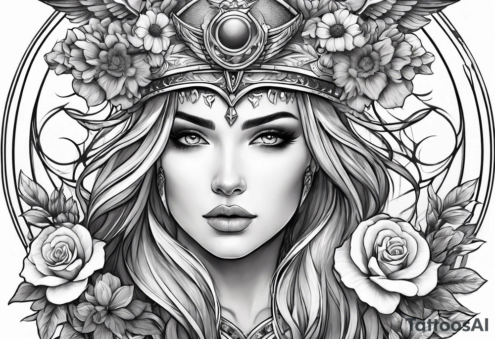 Valkyrie with flowers and moon tattoo idea