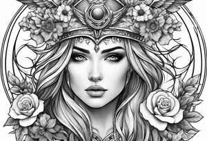 Valkyrie with flowers and moon tattoo idea