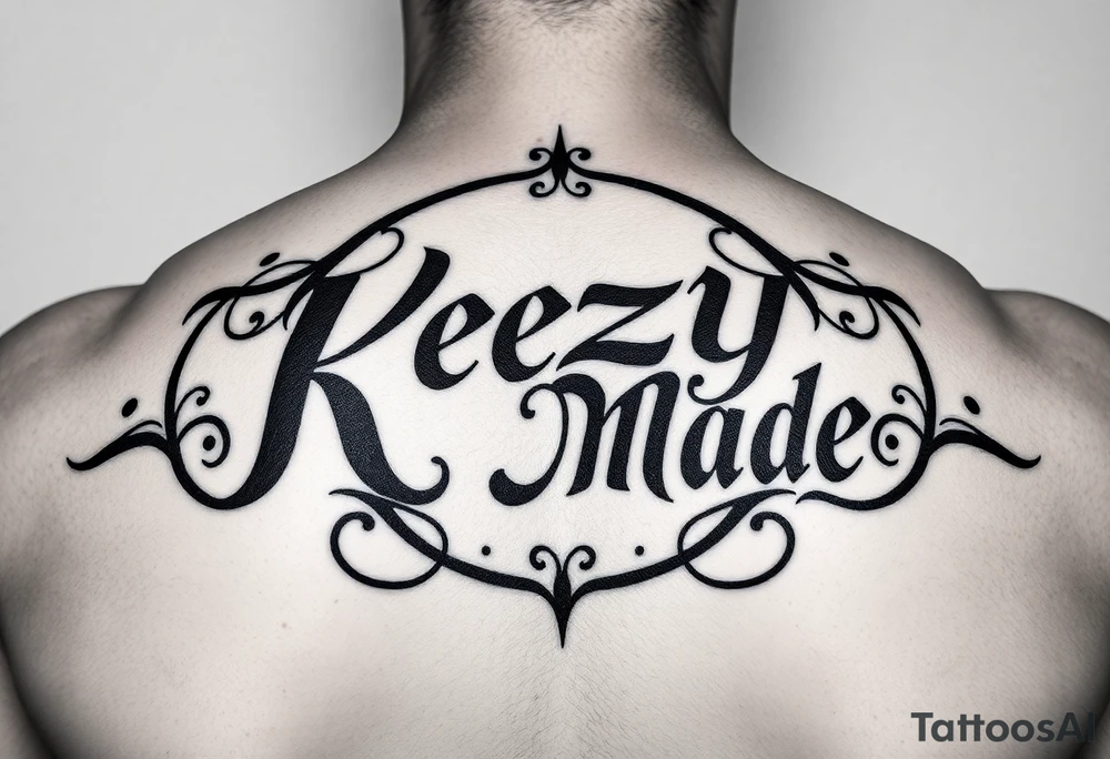 letters only fancy but rugged twisted and intertwined circular arched curvy lettering in a circular  forum that would be clothing brand style that says (KeezY MadE) almost like the the roca wear symbol clothing brand trademark or just the KM tattoo idea