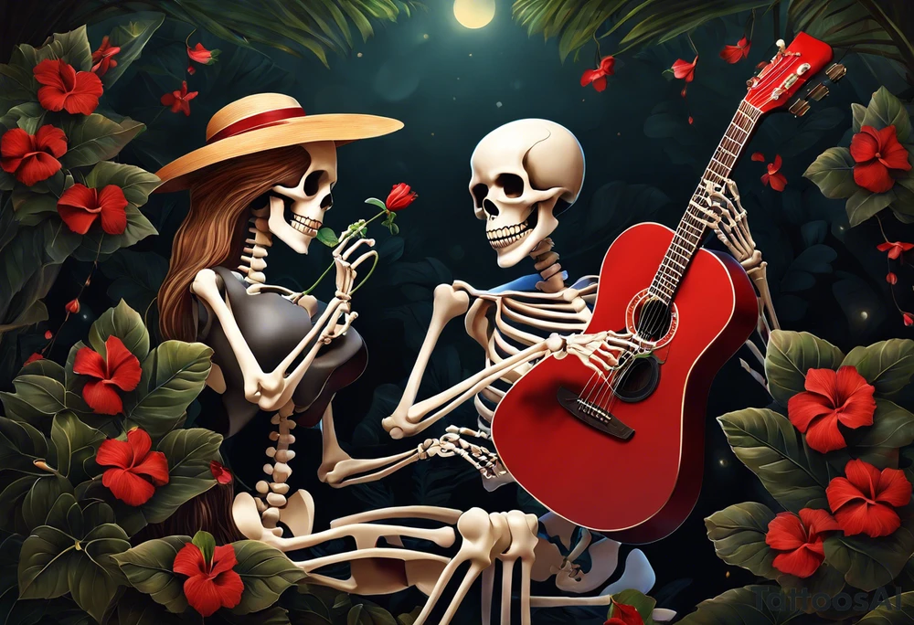 a female skeleton holding a hibiscus flower and a male skeleton playing a guitar. The scene should capture a moment of connection between the two, with the female skeleton attentively listening to the music played by the male skeleton. Emphasize the details of the hibiscus flower,  and the fluidity of the music being played on the guitar. tattoo idea