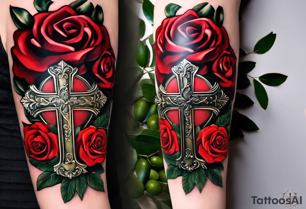 this ins meant to be a collage style that will cover the forearm from the wrist to elbow. Give me an olive branch on wirst at bottom shaped like a manura lamp. A cross above that with smallers olive and rose branches and roses arount it with a crown above the cross on bothe sides small hebrew letters that say king of glory and the other says yeshua messiah in hebrew tattoo idea
