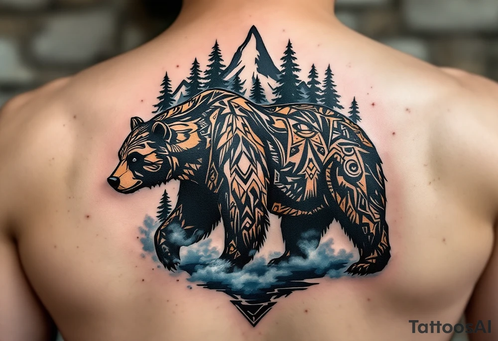 A powerful, majestic bear tattoo with a deep black and brown color palette. The bear is depicted in a standing position, symbolizing strength and protection, with intricate tribal patterns subtly etched along its body, representing its spiritual connection to the earth. TAround the bear, mountain peaks and pine trees form a natural, serene backdrop, while delicate blue mist rises from the ground, tattoo idea