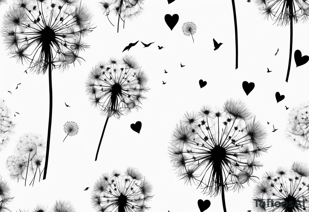 Dandelion with its ligules blowing away, a few legs are tiny hearts, the girls turn into a little bird, flying away to its future tattoo idea