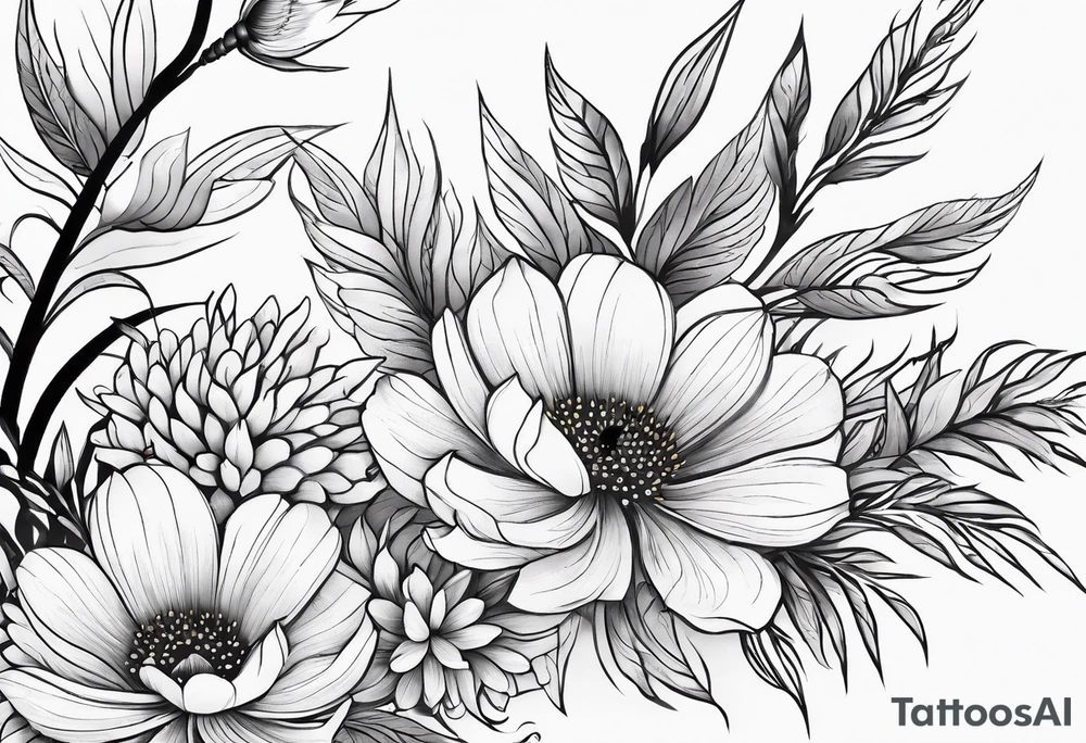 Arm wrap floral dainty soft leaves with bee dragonflower, wheat tattoo idea