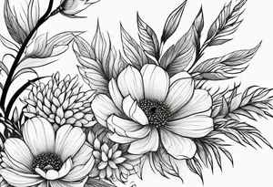 Arm wrap floral dainty soft leaves with bee dragonflower, wheat tattoo idea