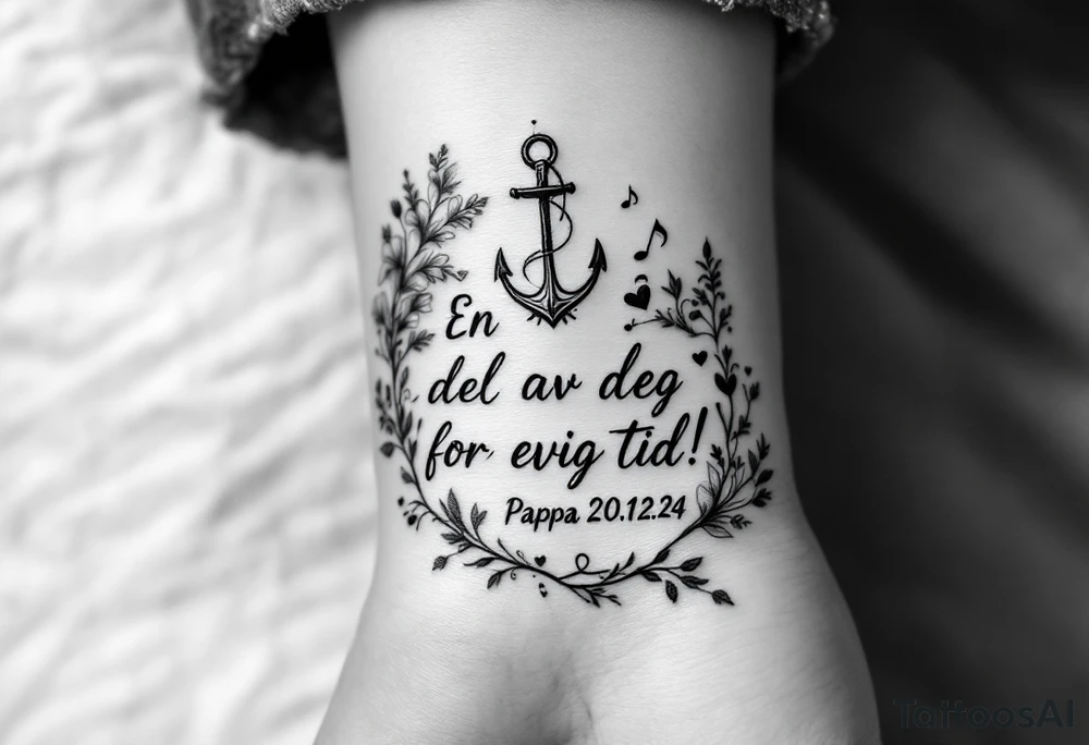 make a quote that says "En del av deg for evig tid! Pappa 20.12.24" Surrounded by gladiolus, music notes, hearts and an anchor tattoo idea