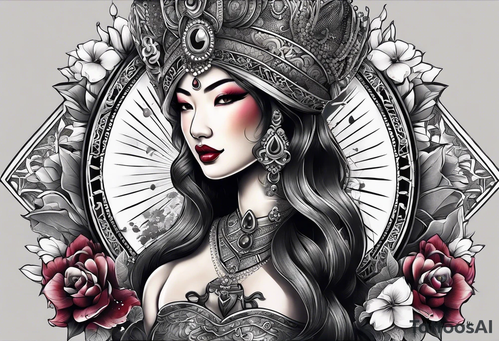 Asian Queen Of Spades sleeve tattoo idea